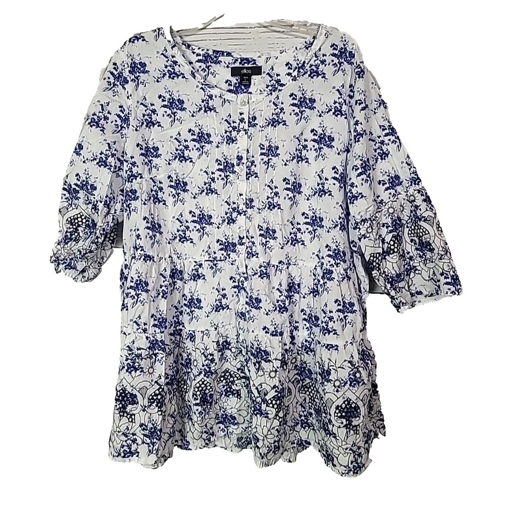 Ellos White Floral Print Boho Cottagecore Tiered Tunic Top Womans Size 18/20